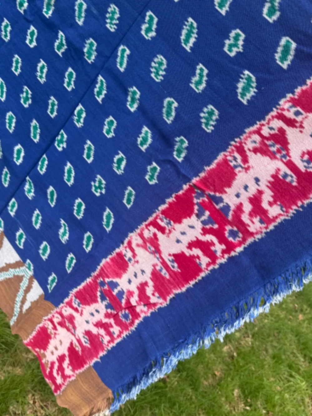 True Ikat Cloth Wrap Throw Blue Green Wall Hanging Medium Weight Weaving 82 X 45